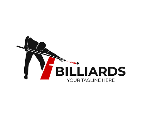 Pool billiards, human next to red table with snooker cues and balls, icon design. Billiards sport game and tournament with player, vector design and illustration