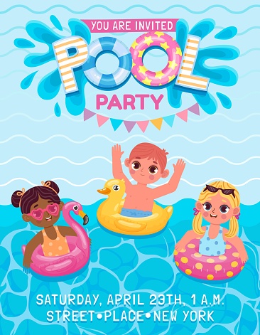Pool birthday party invite poster with kids with inflatable rings. Summer swimming event for children. Cartoon vacation vector advertising