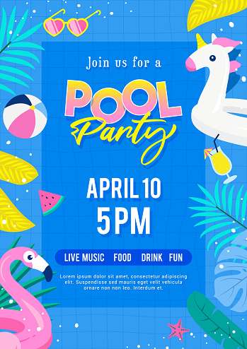 Pool party invitation poster vector illustration. Top view of swimming pool with cute pool floats.