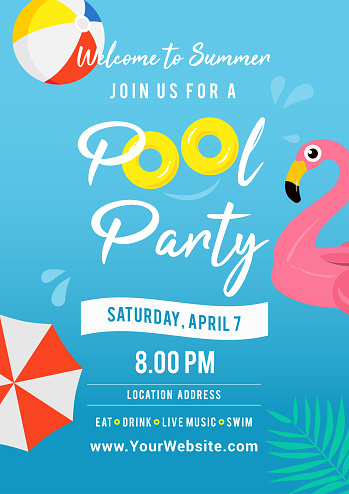 Pool party invitation vector illustration. Swimming pool with pool toys.