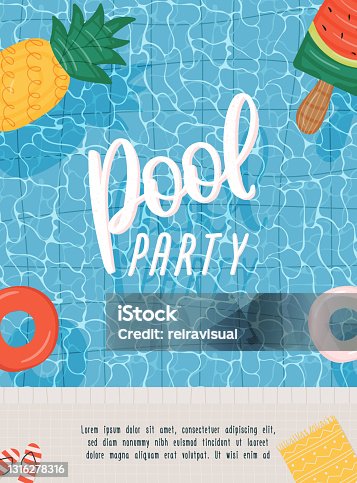 istock Pool party poster or flyer with swimming pool and swim ring. Vector illustration for banner, web site, greeting card or brochure. 1316278316