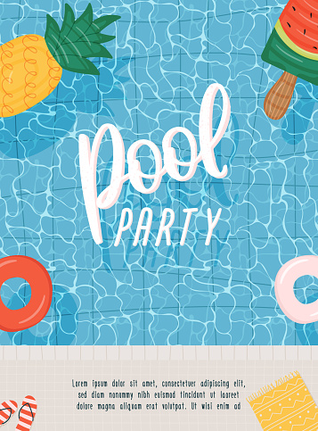 Pool party poster or flyer with swimming pool and swim ring. Vector illustration for banner, web site, greeting card or brochure.