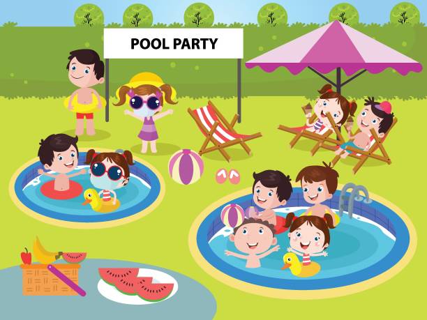 stockillustraties, clipart, cartoons en iconen met pool partij vector concept voor banner, website, illustratie, bestemmingspagina, flyer, enz. - swimming baby