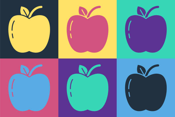 Pop art Apple icon isolated on color background. Fruit with leaf symbol. Vector Illustration Pop art Apple icon isolated on color background. Fruit with leaf symbol. Vector Illustration poster clipart stock illustrations