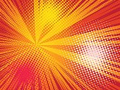 Abstract creative concept comics pop art style background. Rays and halftone dot. Vector illustration on red background.