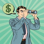 Pop Art Businessman with Binoculars Looking for Money. Vector illustration