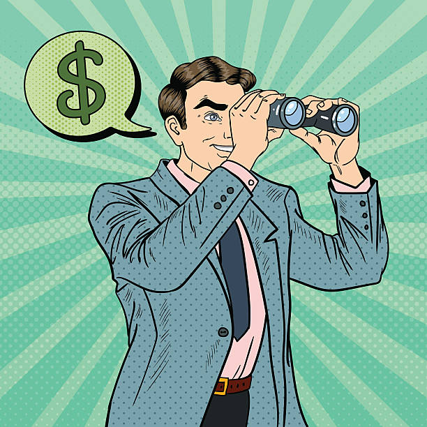 Pop Art Businessman with Binoculars Looking Money Pop Art Businessman with Binoculars Looking for Money. Vector illustration businessman patterns stock illustrations