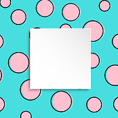 Pop art colorful confetti background. Big colored spots and circles on white background with black dots and ink lines. Banner with 3d paper plate in pop art style. Cute template for flyer, sale, ad