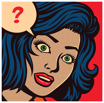 Pop art style comics panel with puzzled, perplexed or confused woman and speech bubble with question mark vector poster design illustration