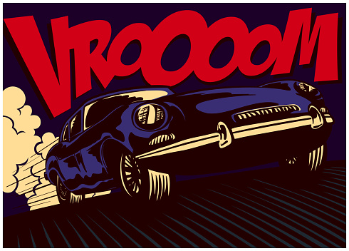 Pop art comics style fast car driving at full speed with vrooom onomatopoeia vector illustration
