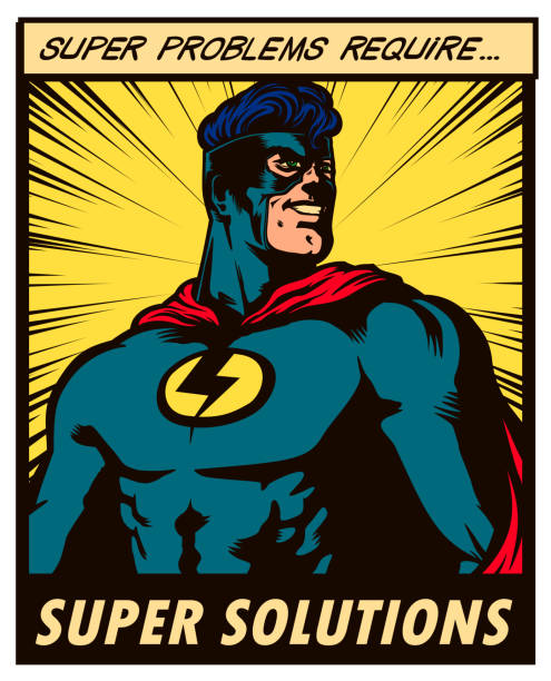 Pop art comic book style superhero taking action with problem solving strategy vector illustration Pop-art comics superhero solving problems with superpowers vector illustration superhero stock illustrations