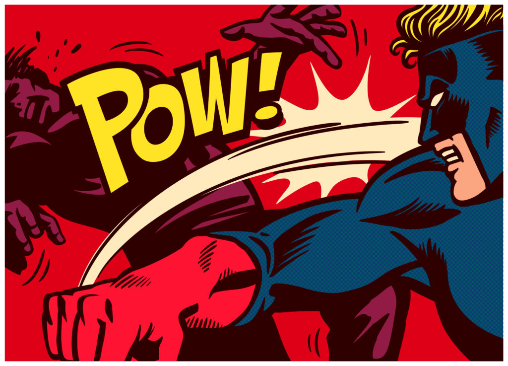 Pop art comic book style panel with superhero throwing punch and beating super villain with "pow" onomatopoeia vector illustration