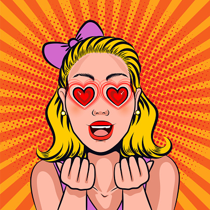Pop art excited woman face with open mouth and heart eyes. Blonde woman in love illustration in retro comic style