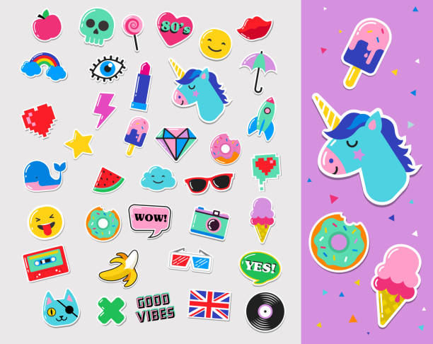 pop-art-mode-chic patches, stifte, abzeichen und aufkleber - ice cream fancy stock-grafiken, -clipart, -cartoons und -symbole