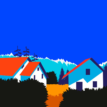 Pop art houses against the backdrop of mountains, drawn in the style of minimalism, bright op art style. Nature landscape creative colors. Vector illustration.