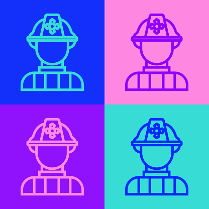 Pop art line Firefighter icon isolated on color background. Vector.