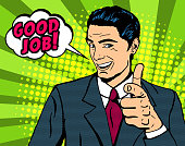 Pop art man pointing finger with speech bubble Good job. Halftone background