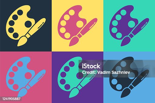 istock Pop art Paint brush with palette icon isolated on color background. Vector Illustration 1241905887