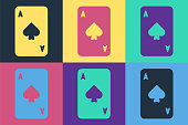 Pop art Playing card with spades symbol icon isolated on color background. Casino gambling. Vector Illustration
