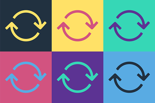 Pop art Refresh icon isolated on color background. Reload symbol. Rotation arrows in a circle sign. Vector Illustration