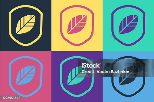 istock Pop art Shield with leaf icon isolated on color background. Eco-friendly security shield with leaf. Vector Illustration 1226901342