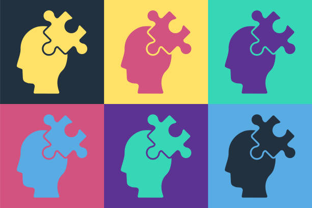 Pop art Solution to the problem in psychology icon isolated on color background. Puzzle. Therapy for mental health. Vector Pop art Solution to the problem in psychology icon isolated on color background. Puzzle. Therapy for mental health. Vector. maze silhouettes stock illustrations