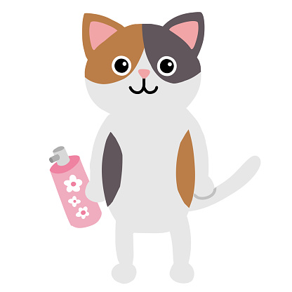Pop flat illustration of Calico cat holding air freshener