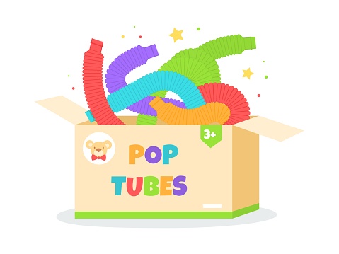 Pop tubes in box. Colorful plastic childish sensory toys, antistress flexible corrugated pipes, different shapes bent forms in carton container promotional poster, vector isolated concept