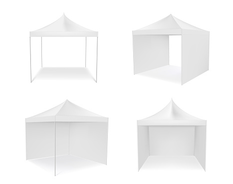 Pop up canopy tent with and without walls realistic mockups set. Commercial shade shelter templates.