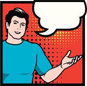 Young man with speech bubble in PopArt style.