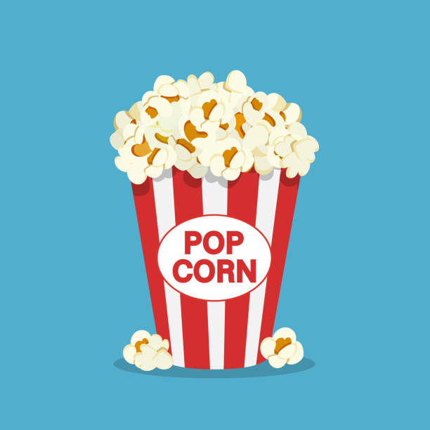 Popcorn box in flat style. Popcorn box in flat style. Pop corn icon symbol food cinema movie film isolated on blue background. Vector stock popcorn stock illustrations