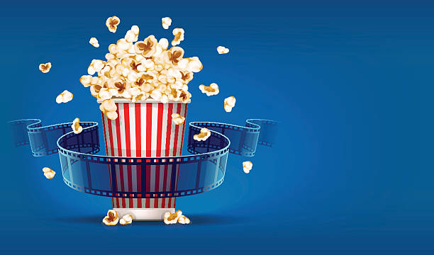 Popcorn for cinema and movie film tape on blue background Popcorn for cinema and movie film tape on blue background. Eps10 vector illustration. Transparent objects used for lights and shadows drawing. popcorn stock illustrations