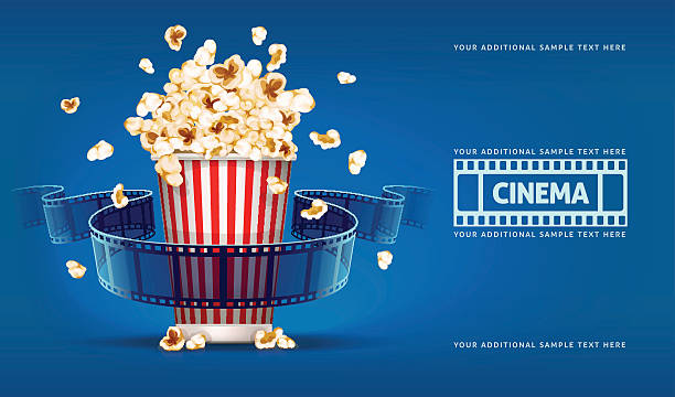 Popcorn for movie theater and cinema reel on blue background Popcorn for movie theater and cinema reel on blue background. Vector illustration. Transparent objects used lights shadows drawing popcorn stock illustrations