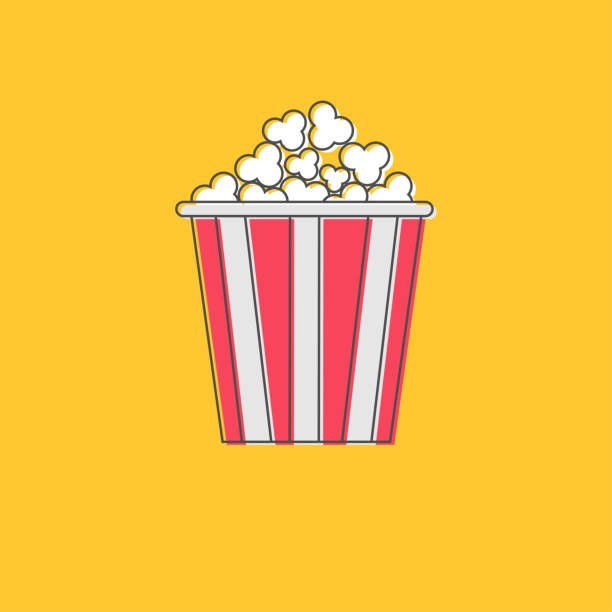 illustrations, cliparts, dessins animés et icônes de icône de popcorn. graphisme de ligne de film de cinéma dans le modèle plat de conception. fond jaune. - pop corn