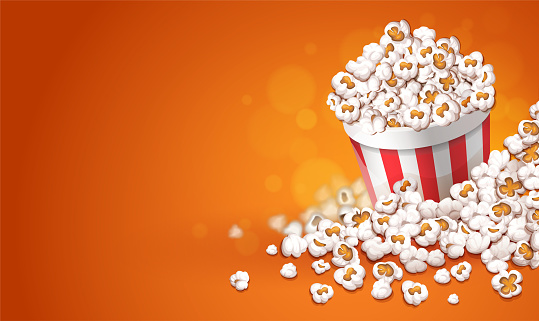Popcorn in paper bucket. Online movies cinema concept. Vector illustration.