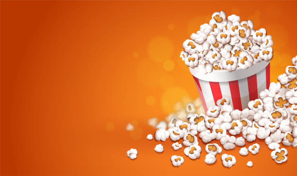 Popcorn in paper bucket. Online movies cinema concept. Vector illustration. Popcorn in paper cup bucket. Online movies banner template, poster concept with copyspace, place for text. Container full of pop corn snacks in movie theater. Fast food for cinema entertainment. popcorn stock illustrations