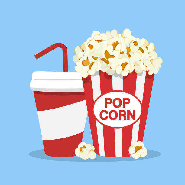 Popcorn snack and drink in flat style isolated on white backgorund. Popcorn snack and drink in flat style isolated on white backgorund. Popcorn and Soda icon. Vector stock popcorn stock illustrations