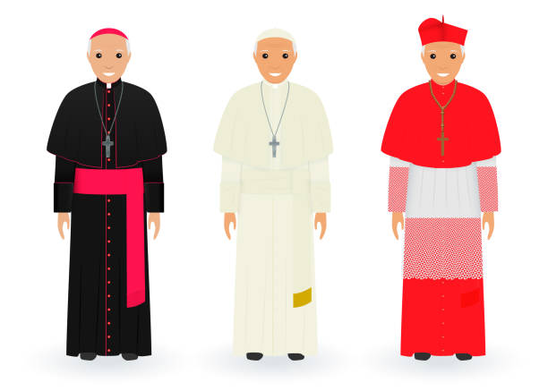 ilustrações de stock, clip art, desenhos animados e ícones de pope, cardinal and bishop characters in characteristic clothes standing together. supreme catholic priests in cassocks. - pope