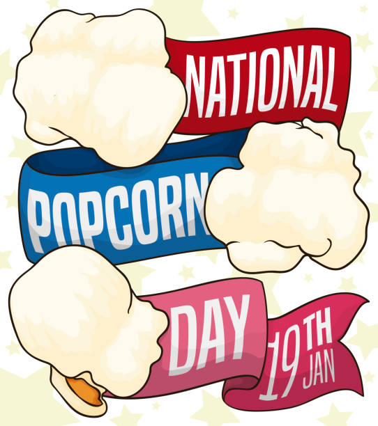 Popped Corns and Ribbon Promoting National Popcorn Day Colorful ribbons with delicious corn popped over starry background promoting National Popcorn Day this 19th January. national popcorn day stock illustrations