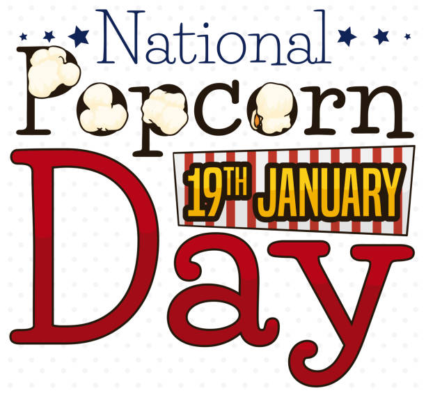 Popped Corns, Stars and Label to Celebrate National Popcorn Day Commemorative design with delicious popped corns over sign, striped label and dotted background to celebrate National Popcorn Day this 19th January. national popcorn day stock illustrations