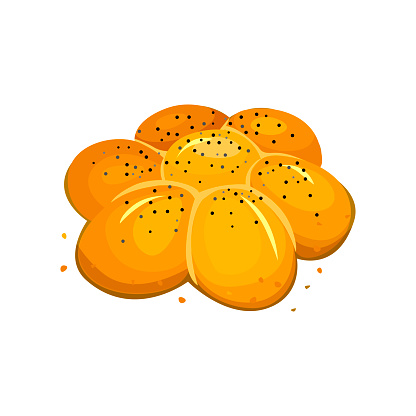Poppy seed roll with sesame seeds. Chamomile. White bread, vector illustration isolated on a white background.