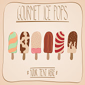 A set of six hand drawn ice cream bars and popsicles. EPS10 vector illustration, global colors, easy to modify.