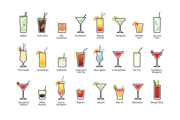 Popular alcoholic cocktails with titles, icons set in flat style Popular alcoholic cocktails with titles, icons set in flat style on white background screwdriver drink stock illustrations