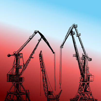 Port crane machinery Building Tower construction. Hand drawn sketch illustration. Black silhouette on sky, sunset backgraund. Vector