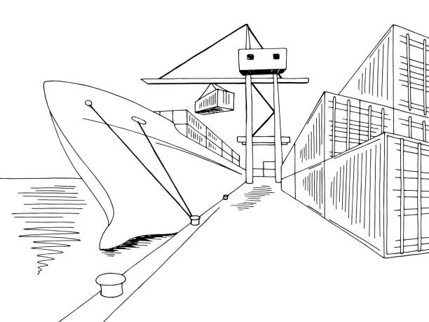 ilustrações de stock, clip art, desenhos animados e ícones de port loading dry cargo ship graphic black white sea landscape sketch illustration vector - porto