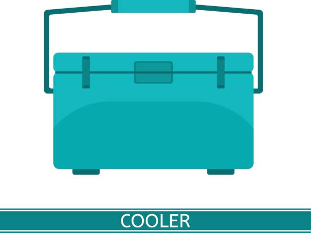 Portable cooler icon Portable cooler icon. Vector illustration of freezer in flat style isolated on white background. Picnic cryo cooler bag chest freezer stock illustrations