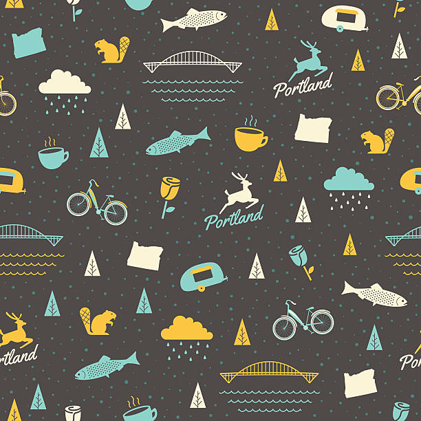 Portland Seamless Pattern A seamless pattern of Portland, Oregon – featuring everything from bikes to bridges. Ideal for a background image. oregon us state stock illustrations
