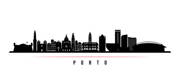 ilustrações de stock, clip art, desenhos animados e ícones de porto skyline horizontal banner. black and white silhouette of porto, portugal. vector template for your design. - oporto
