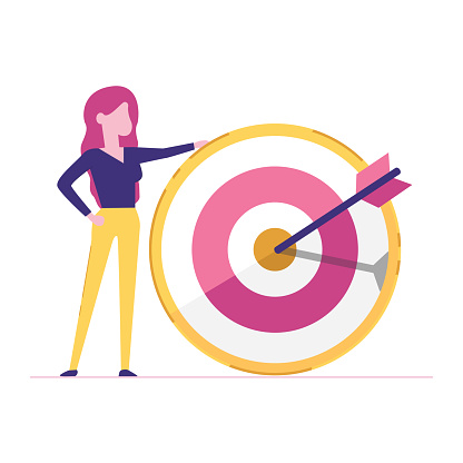 Portrait of a business woman holding a target. Concept of business strategy management.