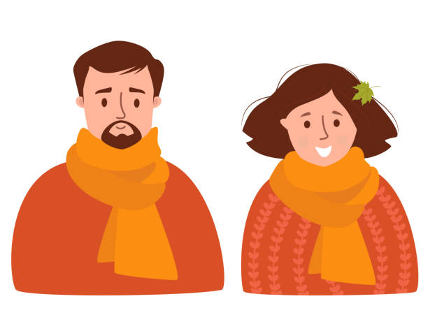 stockillustraties, clipart, cartoons en iconen met portrait of a couple of man and girl. pretty woman with a hairstyle with an autumn maple leaf and a man with a beard in a scarf. vector illustration. characters in a flat style for design - happy couple cold
